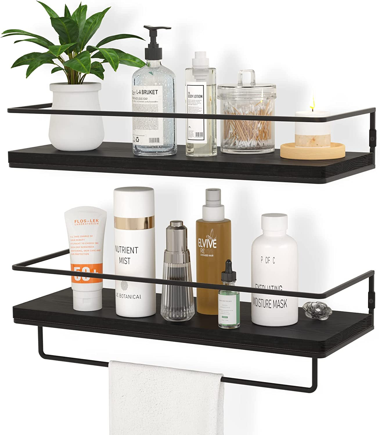Floating Shelves for Wall Set of 2, Wall Mounted Storage Shelves with Black Metal Frame and Towel Rack for Bathroom, Bedroom, Living Room, Kitchen, Office (Black)