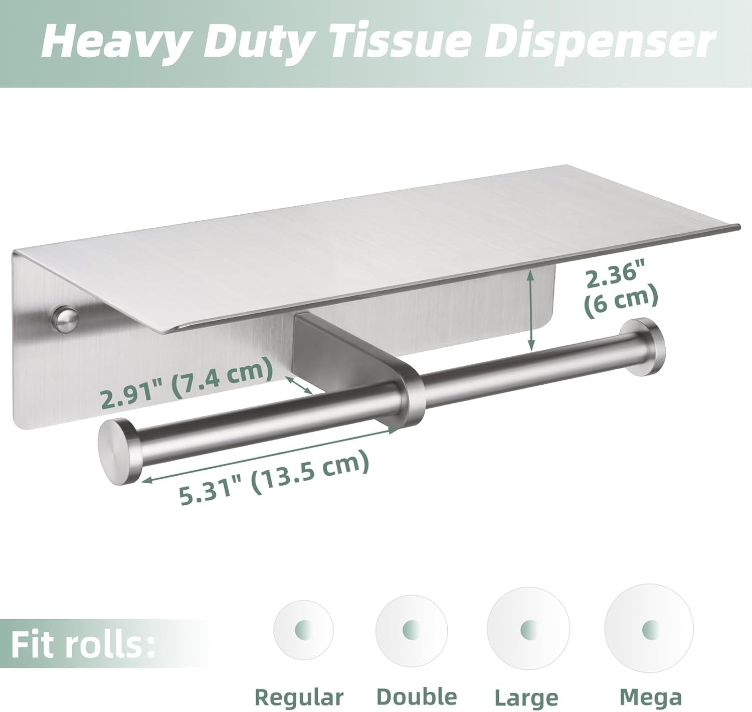 Double Toilet Paper Holder with Shelf Brushed Nickel,  SUS 304 Stainless Steel Contemporary Tissue Roll Holder Mobile Phone Storage Rack