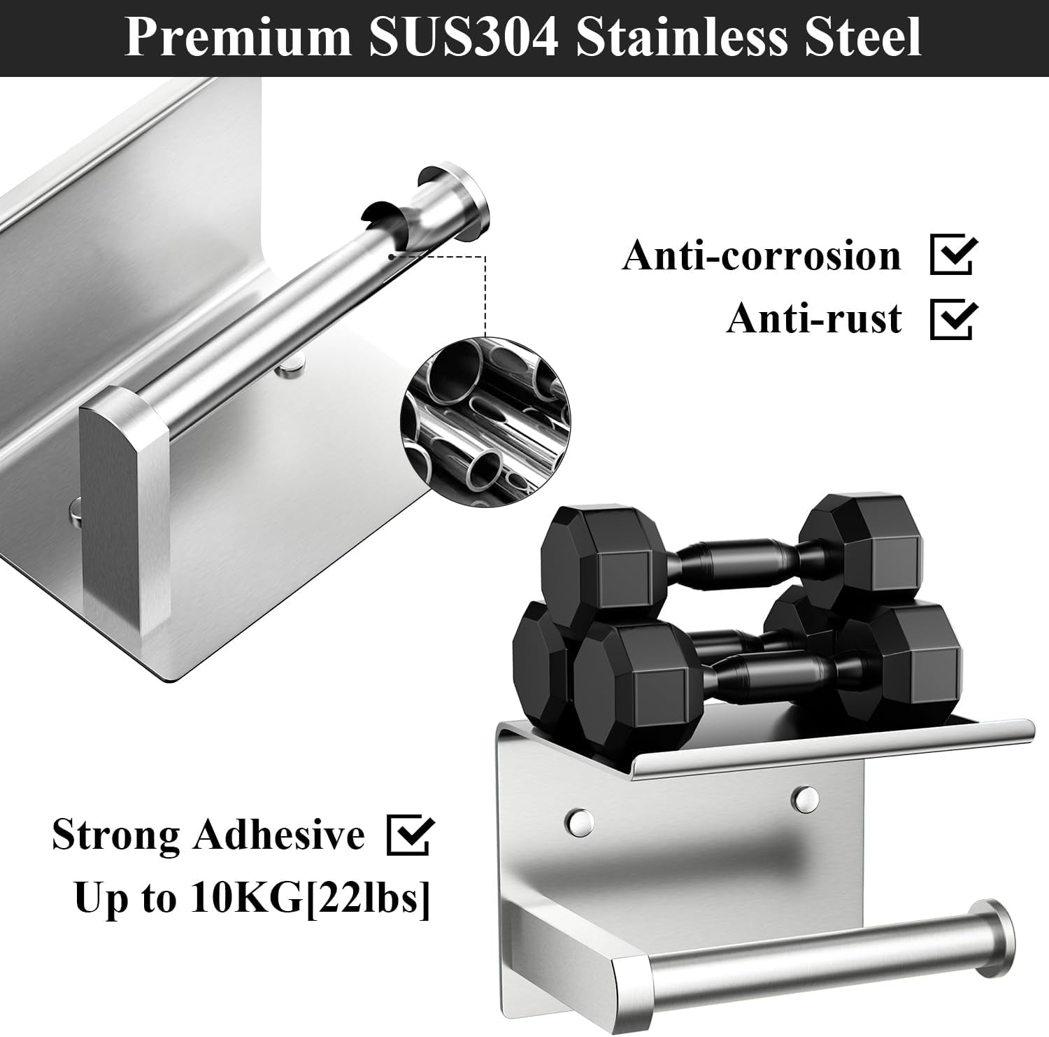 Toilet Paper Holder with Phone Shelf + Towel Robe Hooks, Adhesive or Screw Wall Mounted Toilet Paper Roll Storage, Stainless Steel Bathroom Tissue Roll Holder (Brushed Nickel)