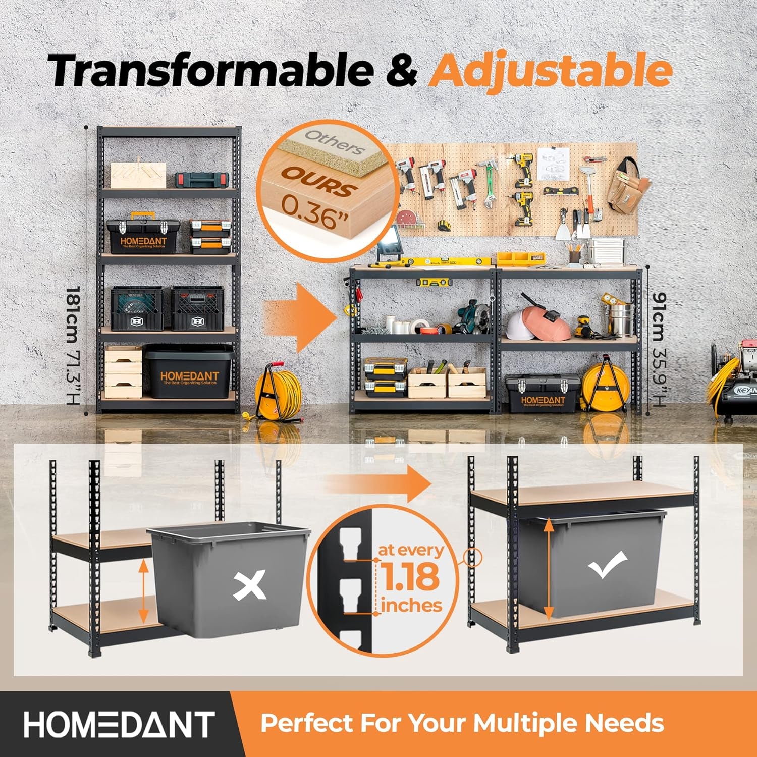 35.9" W 5 Tier Heavy Duty Garage Shelving Adjustable Metal Rack Storage Shelves Standing Shelf Unit Organizers Pantry Closet Black 1Pack