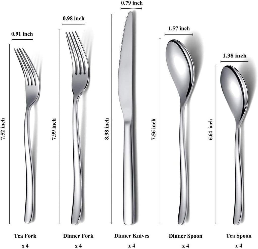 Silverware Set 20 Pieces, Stainless Steel Flatware Set, Mirror Polish Cutlery Set, Utensil Sets Service Set for 4 (Silver)