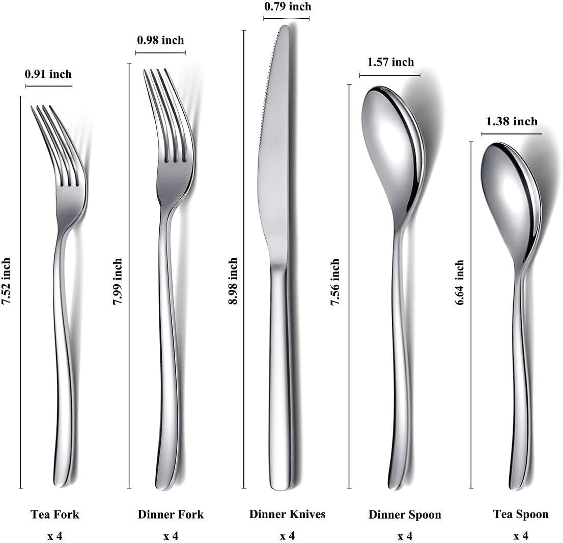 Silverware Set 20 Pieces, Stainless Steel Flatware Set, Mirror Polish Cutlery Set, Utensil Sets Service Set for 4 (Silver)