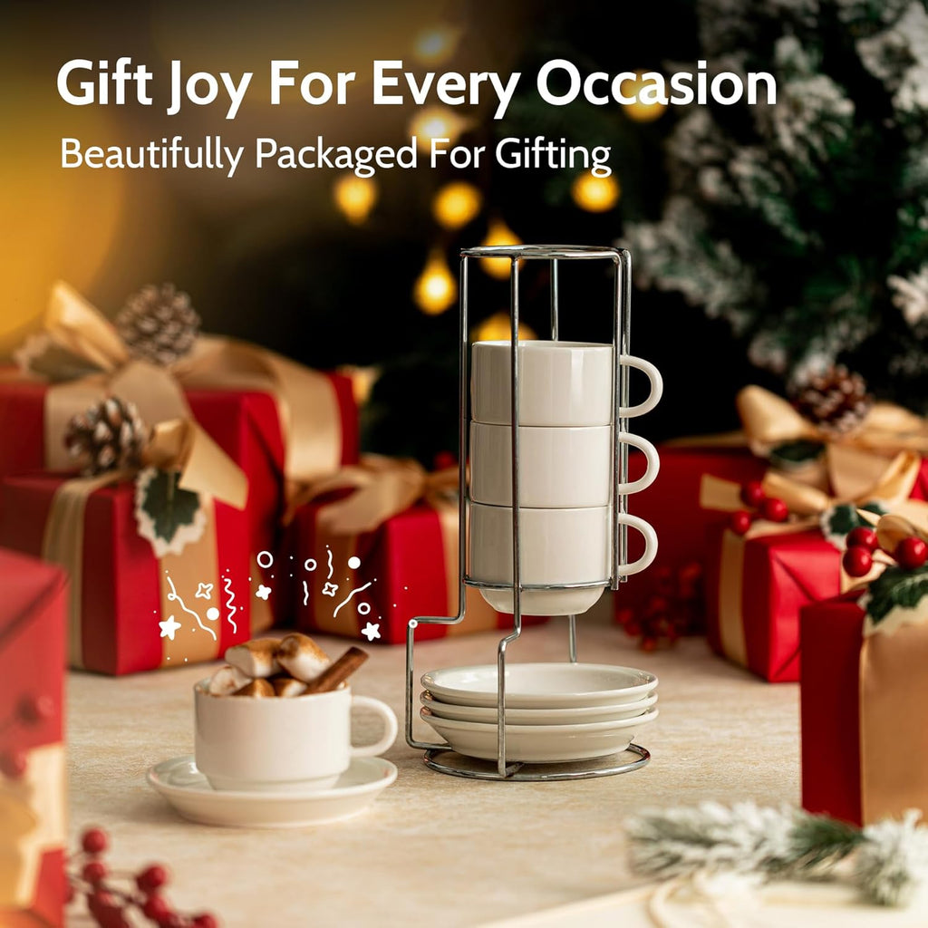 8 Ounce Porcelain Stackable Cappuccino Cups with Saucers and Metal Stand - for Specialty Coffee Drinks, Cappuccino, Latte, Americano and Tea - Set of 4, White