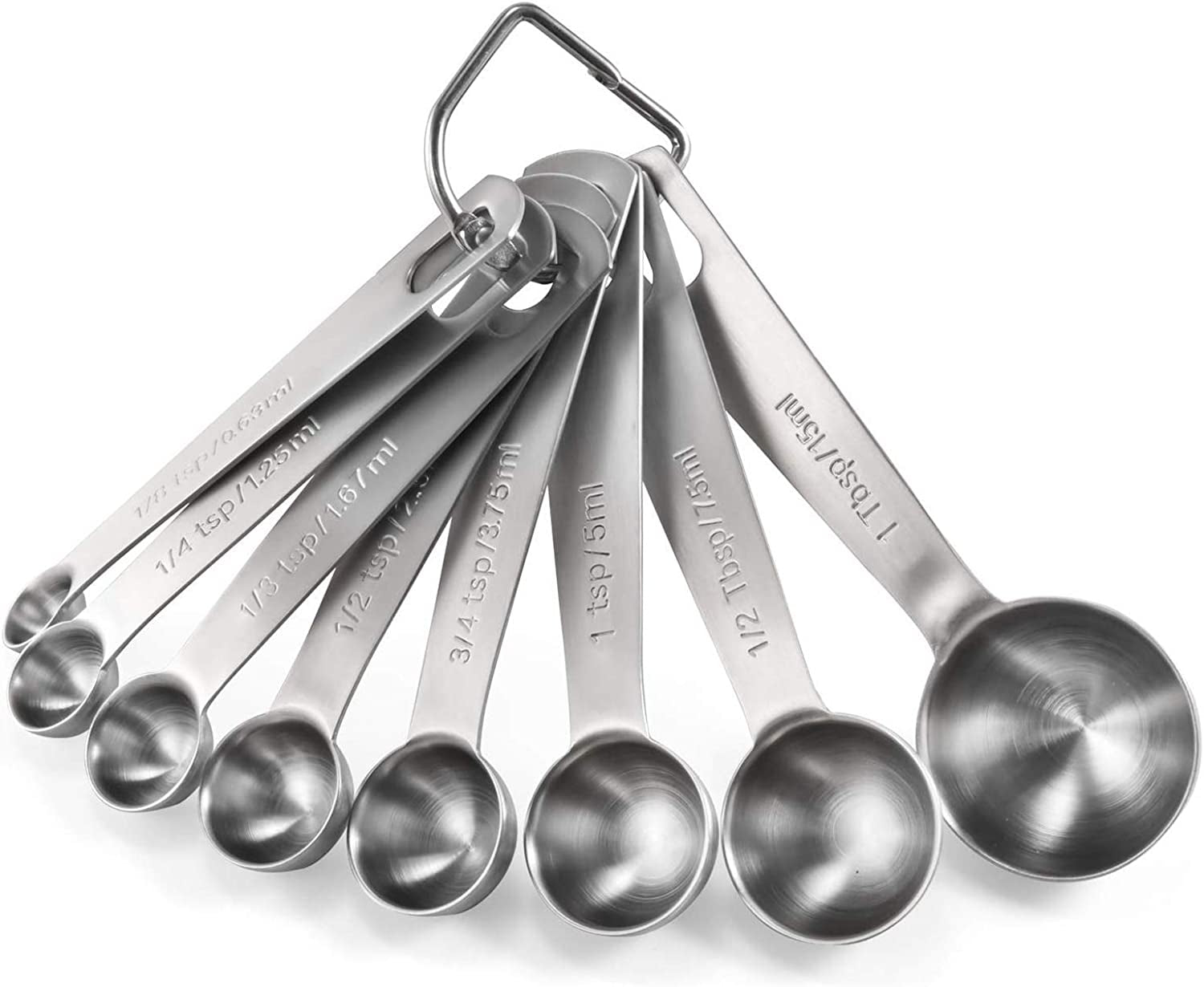 Measuring Spoons:  18/8 Stainless Steel Measuring Spoons Set of 8 Piece: 1/8 Tsp, 1/4 Tsp, 1/3 Tsp, 1/2 Tsp, 3/4 Tsp, 1 Tsp, 1/2 Tbsp & 1 Tbsp Dry and Liquid Ingredients