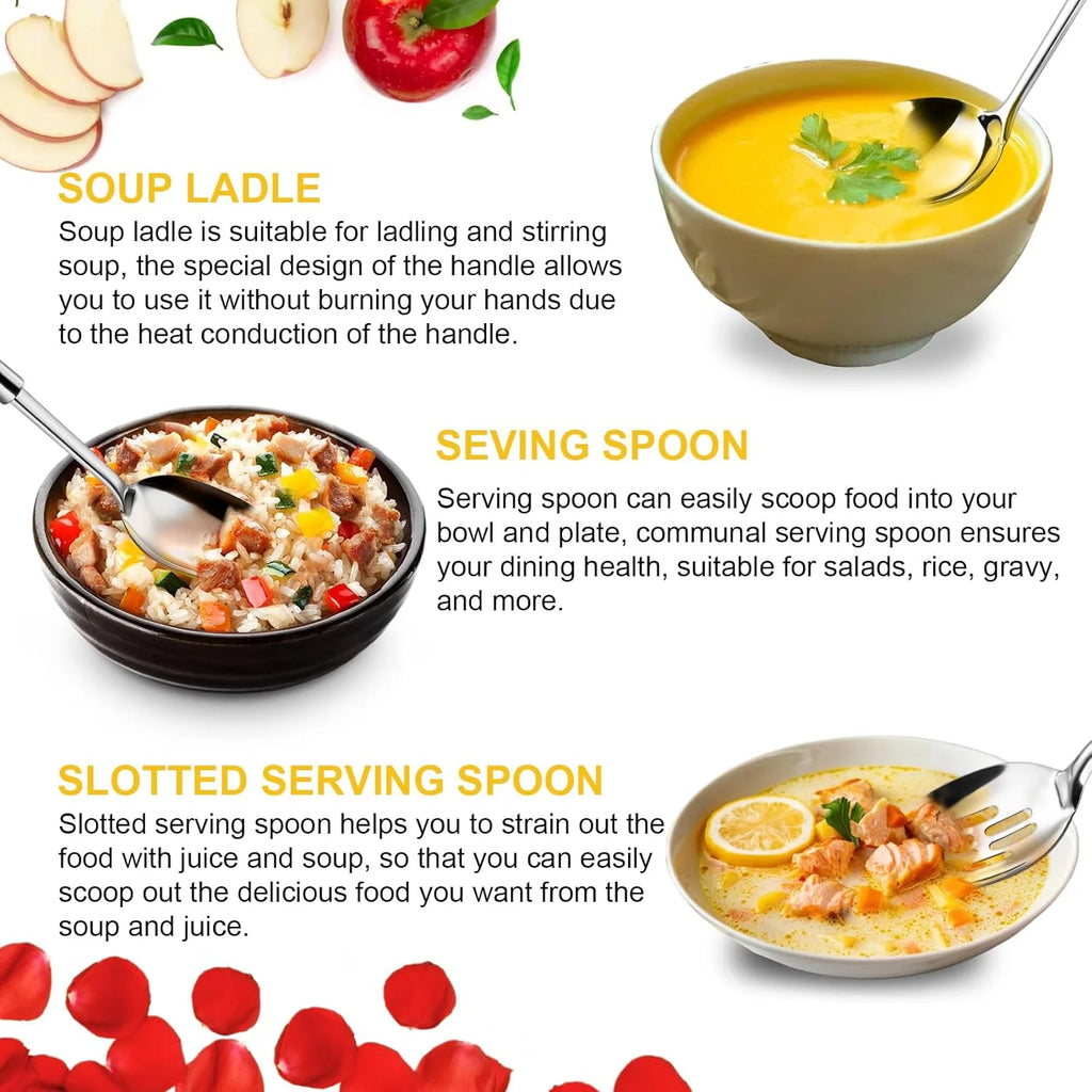 3 Pcs Cooking Utensils Set, 304 Stainless Steel Kitchen Utensils, Serving Utensils Set Includes Serving Spoon, Slotted Spoon and Soup Ladle, Serving Spoons for Party, Dishwasher Safe