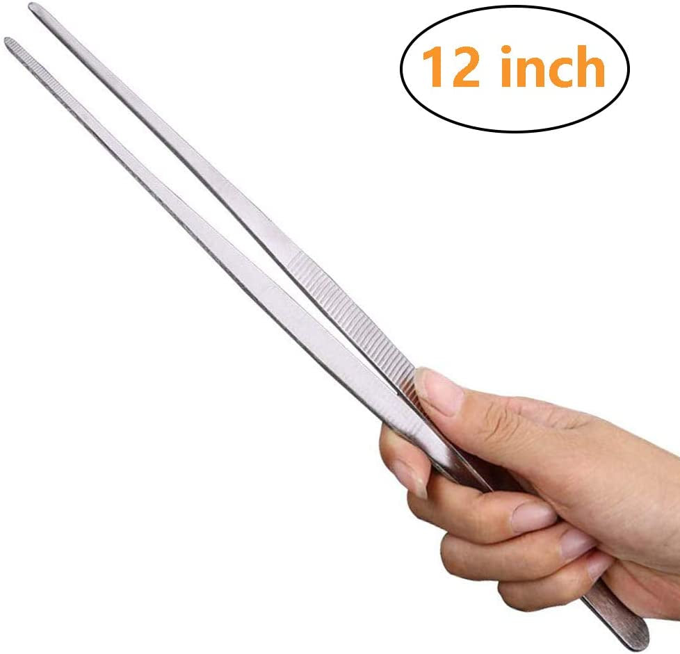 Kitchen Tweezers Stainless Steel Tongs with Precision Serrated Tips for Cooking and Medical (12 Inch Straight)
