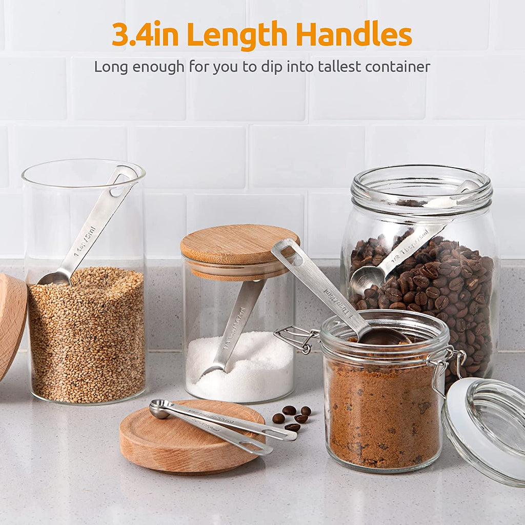 Measuring Spoons:  18/8 Stainless Steel Measuring Spoons Set of 8 Piece: 1/8 Tsp, 1/4 Tsp, 1/3 Tsp, 1/2 Tsp, 3/4 Tsp, 1 Tsp, 1/2 Tbsp & 1 Tbsp Dry and Liquid Ingredients