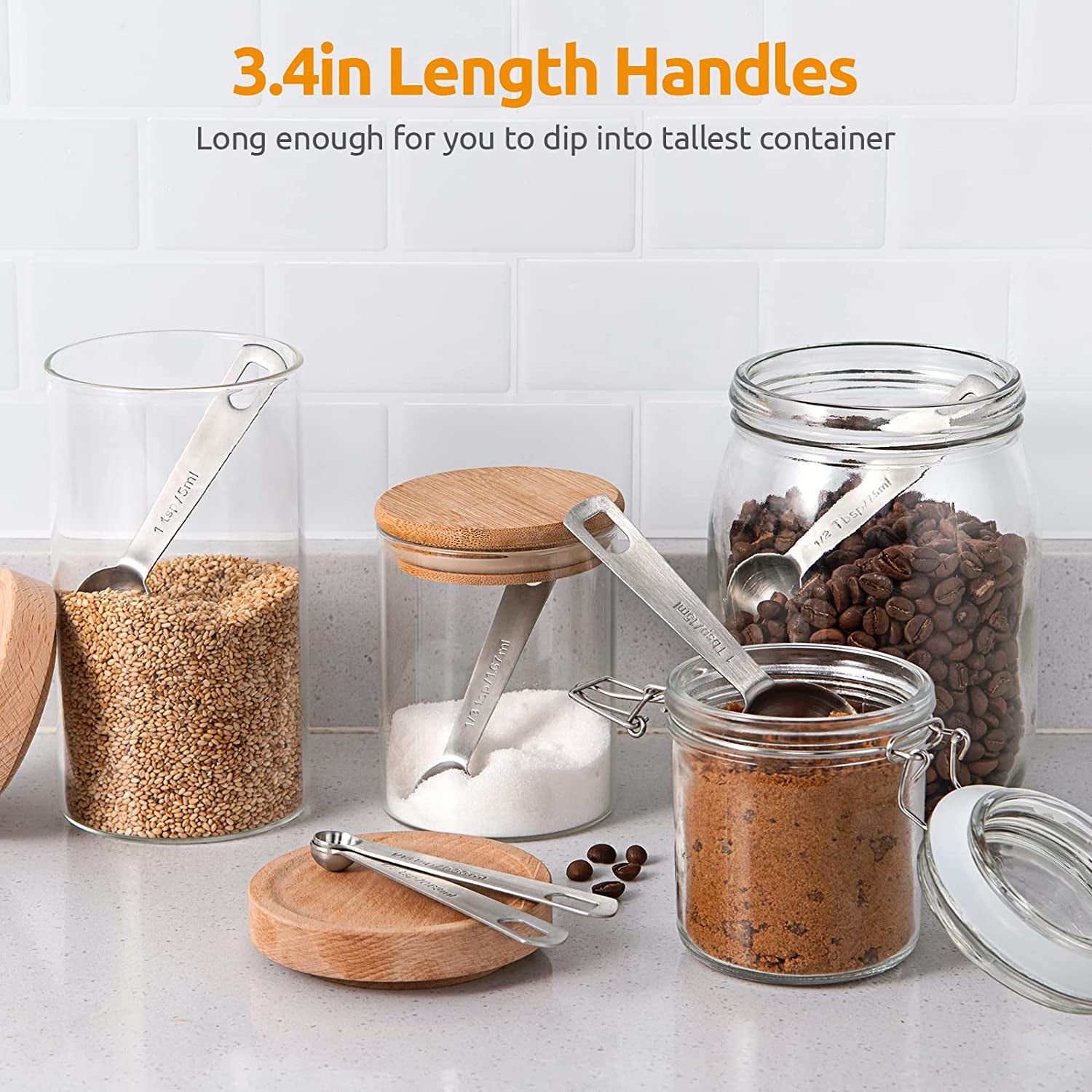 Measuring Spoons:  18/8 Stainless Steel Measuring Spoons Set of 8 Piece: 1/8 Tsp, 1/4 Tsp, 1/3 Tsp, 1/2 Tsp, 3/4 Tsp, 1 Tsp, 1/2 Tbsp & 1 Tbsp Dry and Liquid Ingredients