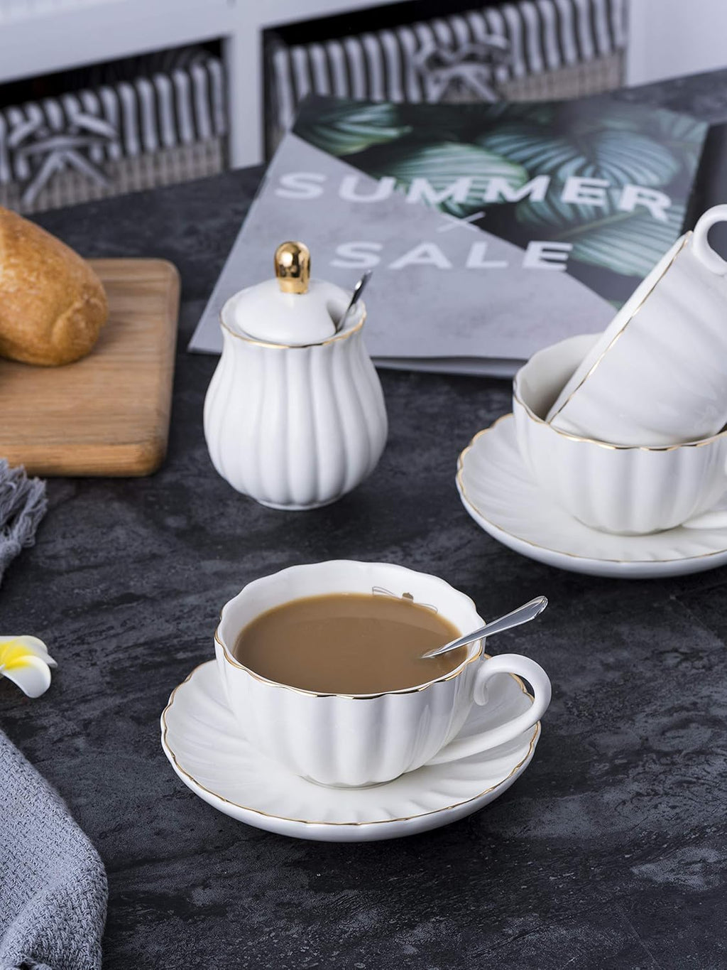 Porcelain Tea Set- 8 OZ White Coffee Cup/Teacup, Saucer, Spoons, Teapot and Creamer Set, 17-Pieces (FD-TW17PC SET, White)