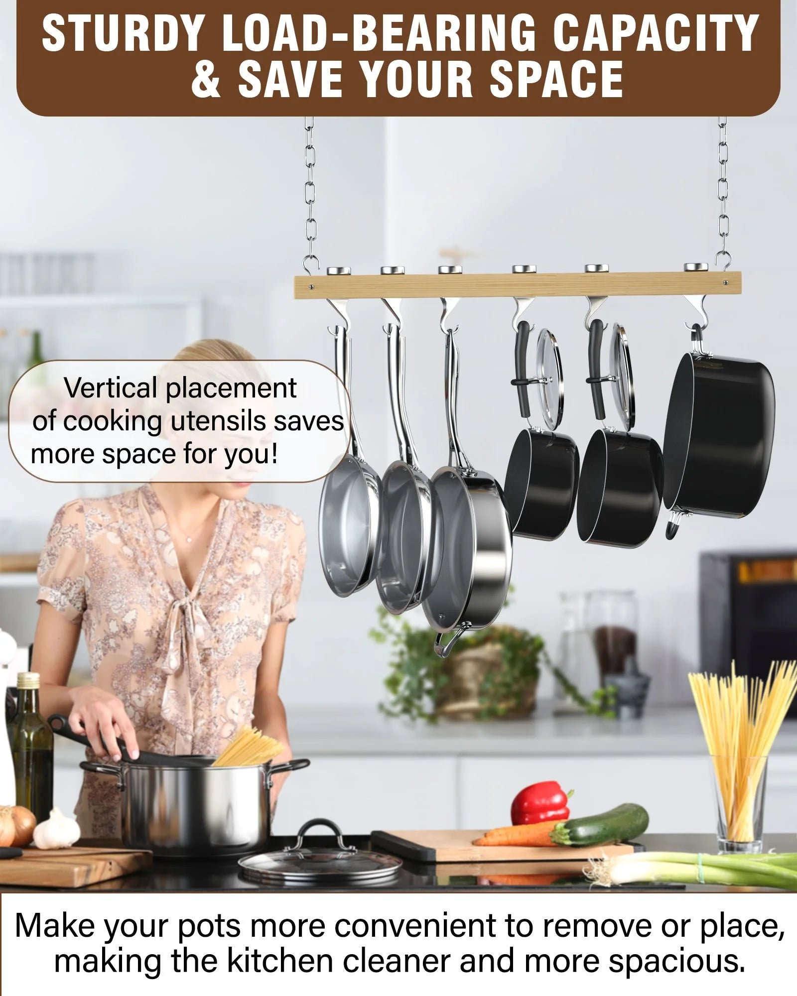 36 Inch Hanging Pot Rack, Ceiling-Mounted Wooden Rail System Pot Rack for Kitchen Pots and Pans Storage, with 6 Solid Cast Aluminum Swivel Hooks