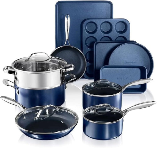 15 Pc Kitchen Pots and Pans Set Non Stick, Kitchen Cookware Sets, Pot and Pan Set, Nonstick Cookware Set, Diamond Coated Non Stick Pots and Pan Set, Dishwasher Safe - Blue