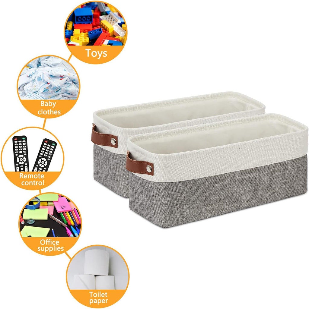 Small Storage Baskets 15"X6"X5.5", Fabric Storage Bins for Toilet Tank Top [2 Pack], Back of the Toilet Basket (White&Grey)
