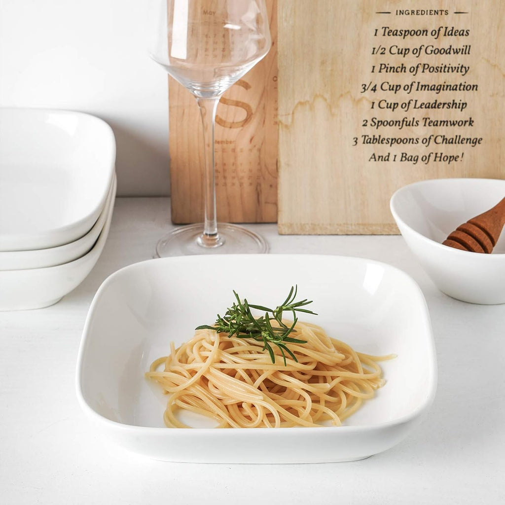 Porcelain 8-Inch Square Dinner Plates, Pasta Salad Bowls, Set of 6, White