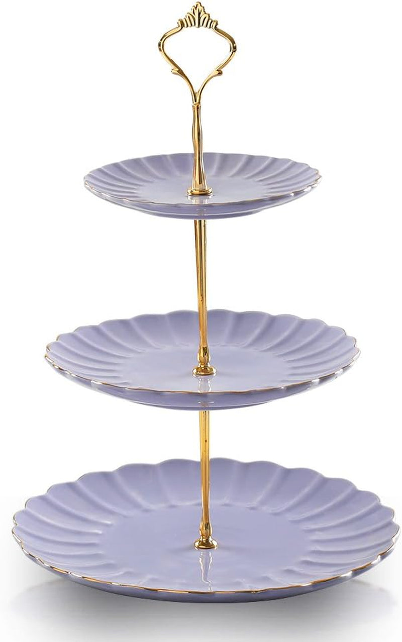 3 Tier Ceramic Cake Stand Wedding, Dessert Cupcake Stand for Tea Party Serving Platter (Purple)