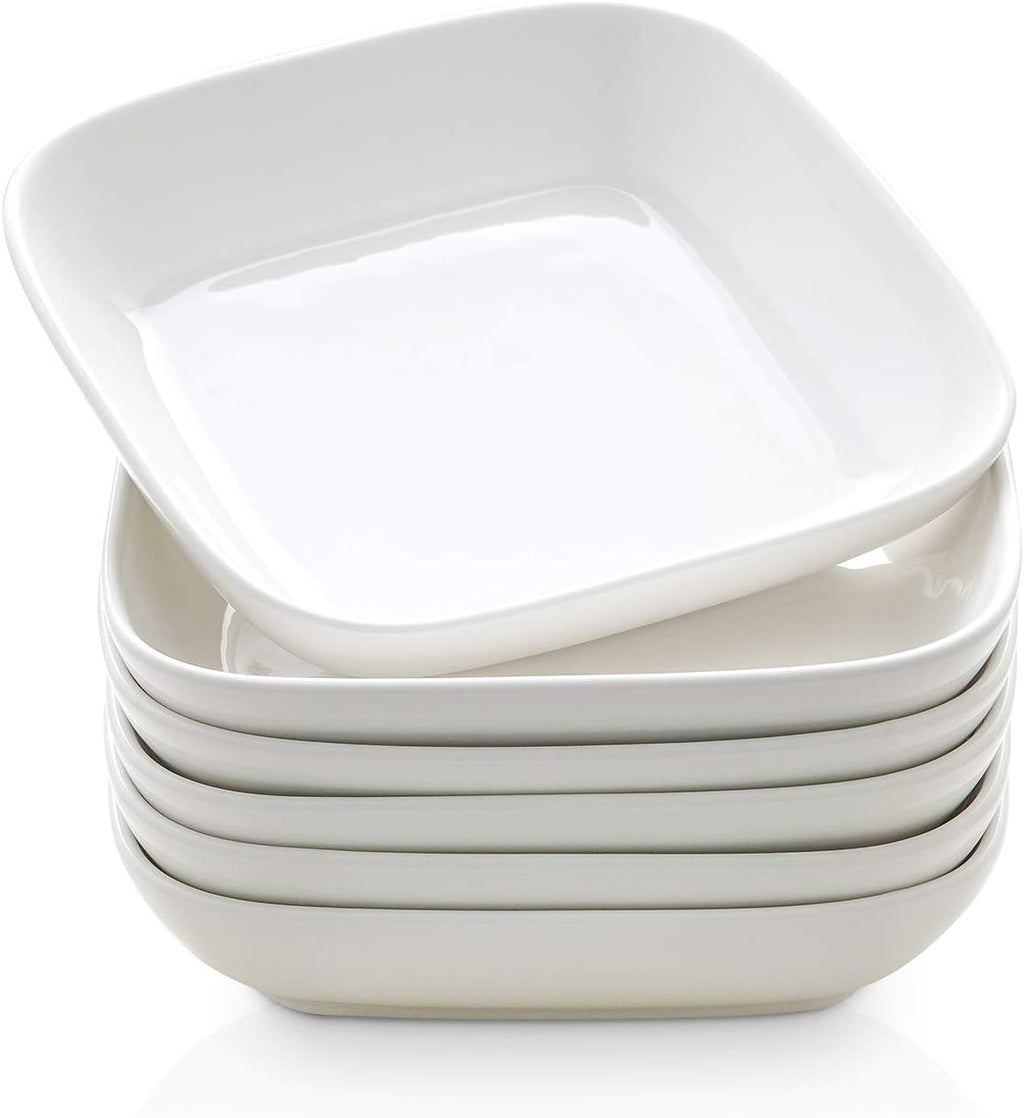 Porcelain 8-Inch Square Dinner Plates, Pasta Salad Bowls, Set of 6, White