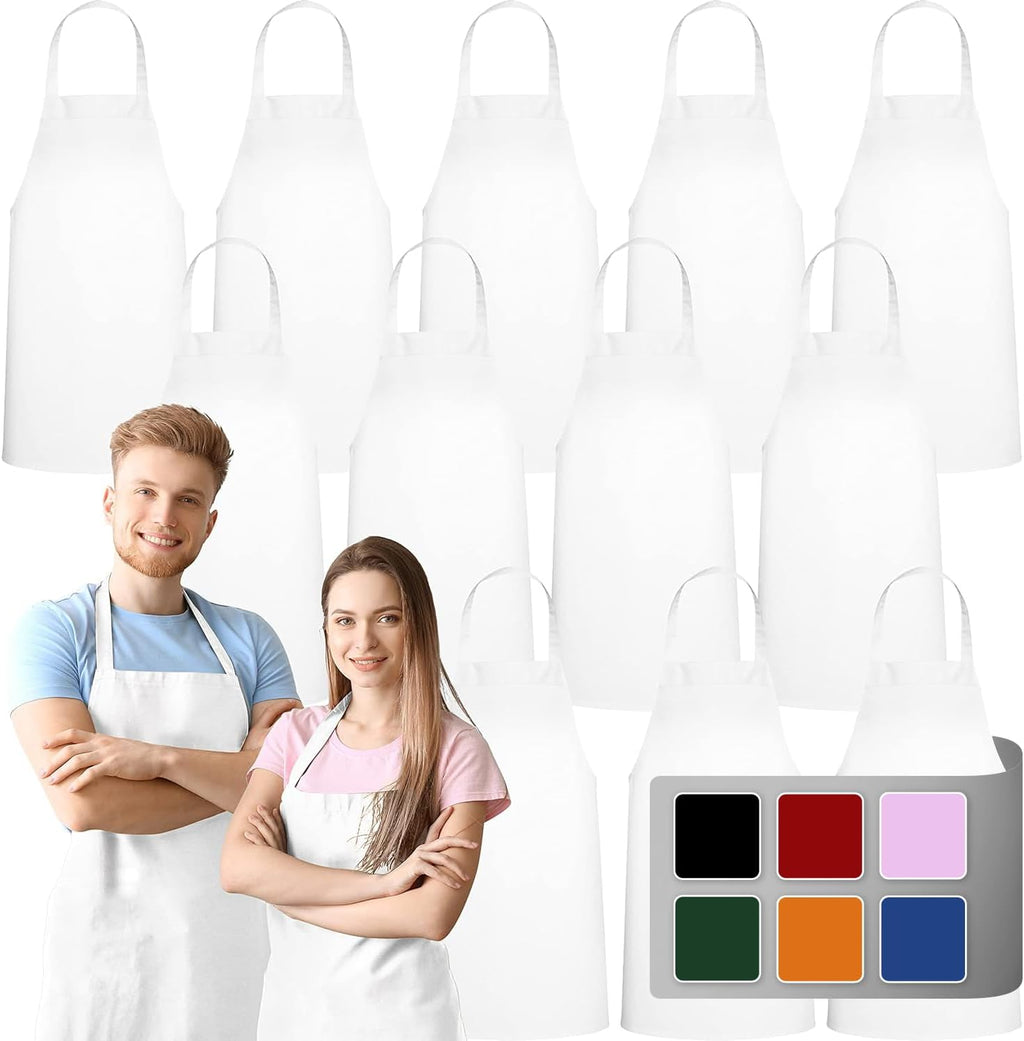 12 Pack Bib Apron - Unisex White Aprons, Machine Washable Aprons for Men and Women, Kitchen Cooking BBQ Aprons Bulk (Pack of 12, No Pockets, White)