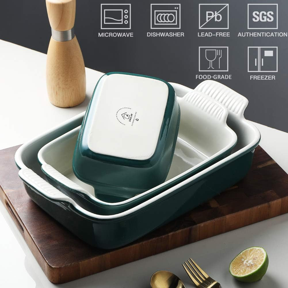 Baking Pans Set, Ceramic 9X13 Baking Dish with Handle, Rectangular Casserole Dishes for Oven, Bakeware Sets of 3, Durable Lasagna Pan Deep for Kitchen, Banquet, Wedding Gift(Jade)