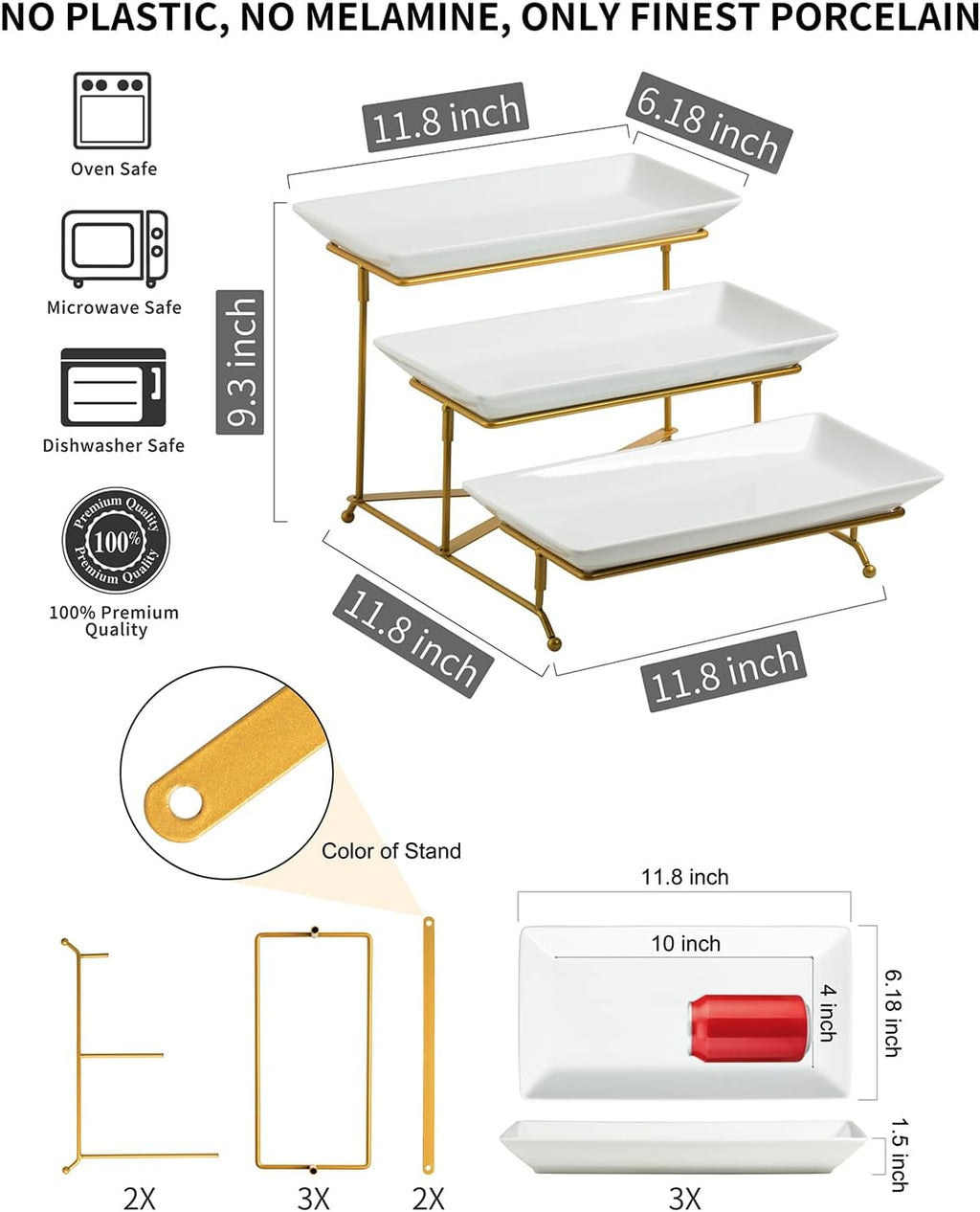 3 Tier Serving Stand Porcelain Serving Platter Tier Serving Trays with Collapsible Sturdier Rack, Serving Dishes and Platters for Thanksgiving, Christmas, Entertaining, Gold, 12 Inch