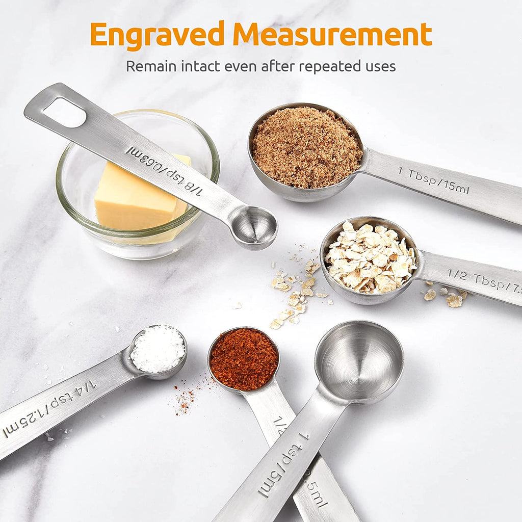 Measuring Spoons:  18/8 Stainless Steel Measuring Spoons Set of 8 Piece: 1/8 Tsp, 1/4 Tsp, 1/3 Tsp, 1/2 Tsp, 3/4 Tsp, 1 Tsp, 1/2 Tbsp & 1 Tbsp Dry and Liquid Ingredients