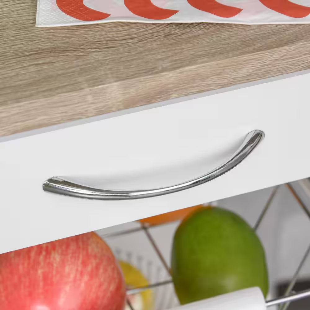 5-Tier Solid Wood 4-Wheeled Mobile Kitchen Cart with Storage, Wire Fruit Baskets, Trays and Drawer, White