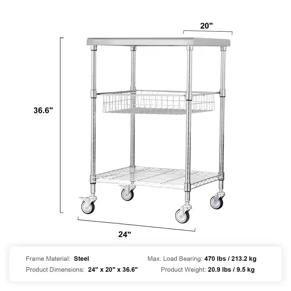 3-Tier Kitchen Cart, 470Lbs. Capacity, Wheels, Curved Handle, PP Liner and 6 Hooks