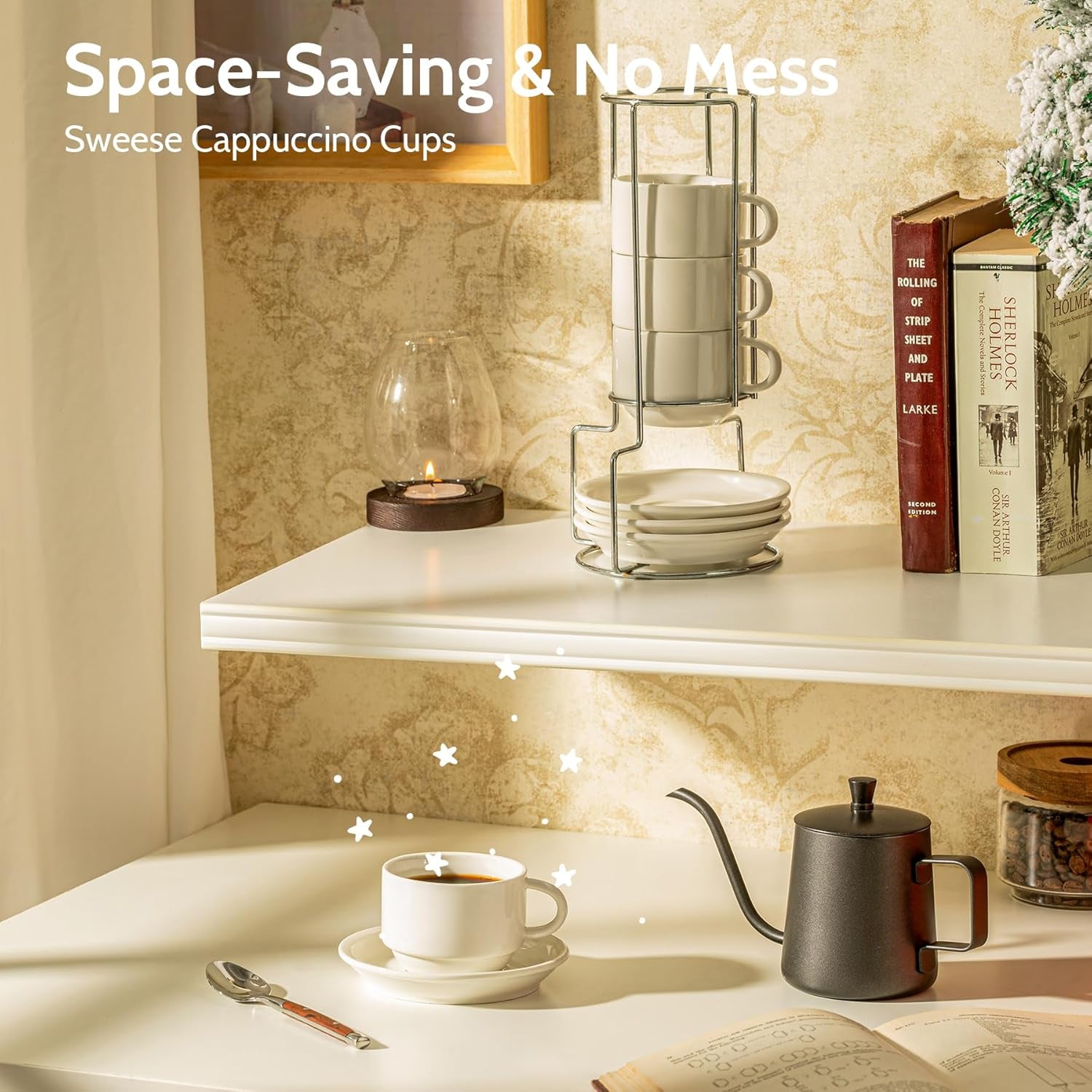 8 Ounce Porcelain Stackable Cappuccino Cups with Saucers and Metal Stand - for Specialty Coffee Drinks, Cappuccino, Latte, Americano and Tea - Set of 4, White