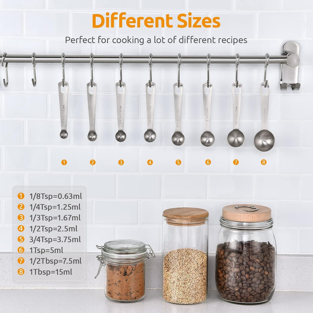 Measuring Spoons:  18/8 Stainless Steel Measuring Spoons Set of 8 Piece: 1/8 Tsp, 1/4 Tsp, 1/3 Tsp, 1/2 Tsp, 3/4 Tsp, 1 Tsp, 1/2 Tbsp & 1 Tbsp Dry and Liquid Ingredients