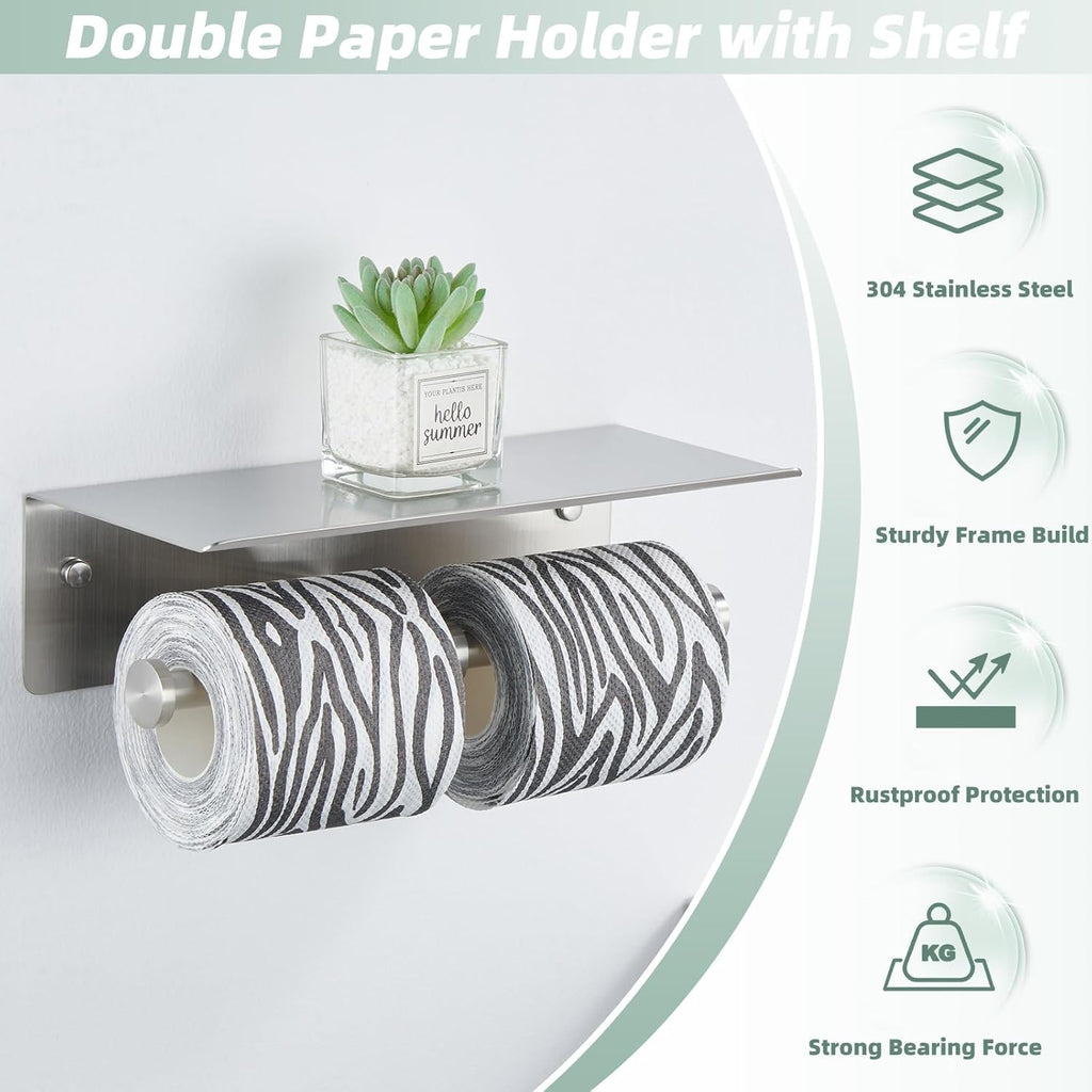 Double Toilet Paper Holder with Shelf Brushed Nickel,  SUS 304 Stainless Steel Contemporary Tissue Roll Holder Mobile Phone Storage Rack