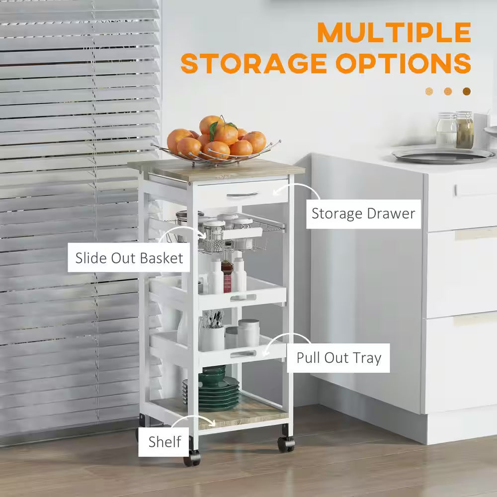 5-Tier Solid Wood 4-Wheeled Mobile Kitchen Cart with Storage, Wire Fruit Baskets, Trays and Drawer, White