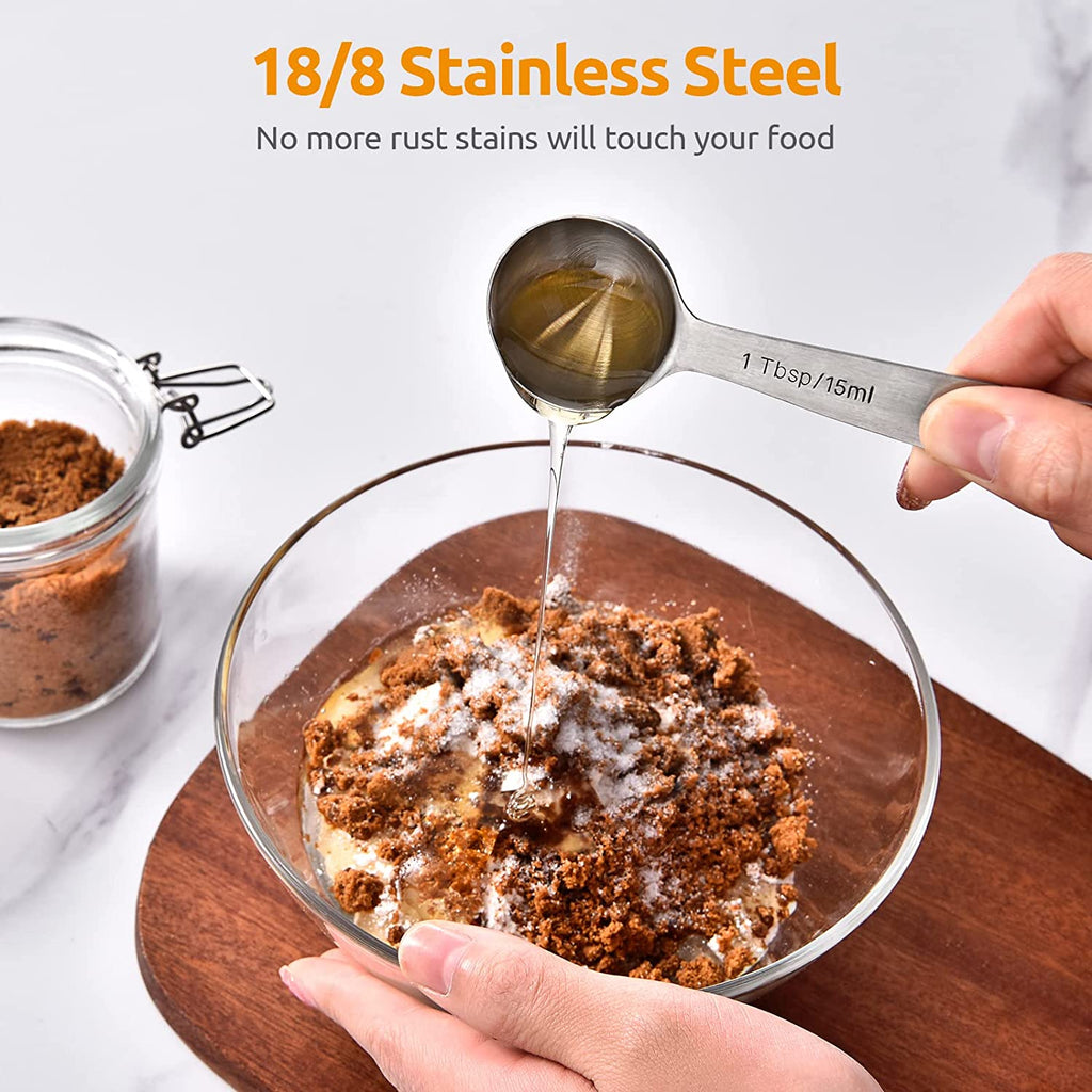 Measuring Spoons:  18/8 Stainless Steel Measuring Spoons Set of 8 Piece: 1/8 Tsp, 1/4 Tsp, 1/3 Tsp, 1/2 Tsp, 3/4 Tsp, 1 Tsp, 1/2 Tbsp & 1 Tbsp Dry and Liquid Ingredients