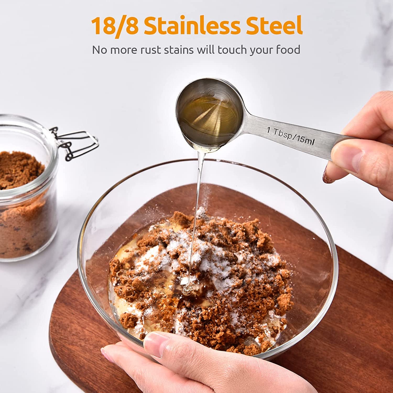 Measuring Spoons:  18/8 Stainless Steel Measuring Spoons Set of 8 Piece: 1/8 Tsp, 1/4 Tsp, 1/3 Tsp, 1/2 Tsp, 3/4 Tsp, 1 Tsp, 1/2 Tbsp & 1 Tbsp Dry and Liquid Ingredients