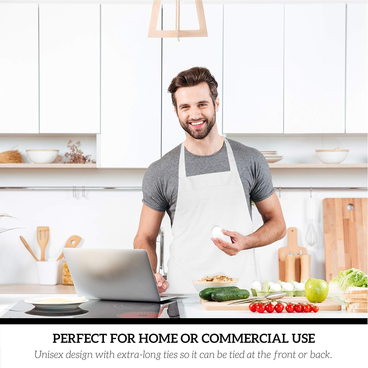 12 Pack Bib Apron - Unisex White Aprons, Machine Washable Aprons for Men and Women, Kitchen Cooking BBQ Aprons Bulk (Pack of 12, No Pockets, White)