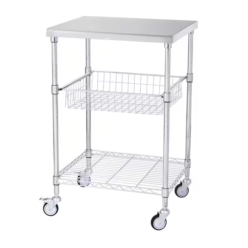 3-Tier Kitchen Cart, 470Lbs. Capacity, Wheels, Curved Handle, PP Liner and 6 Hooks