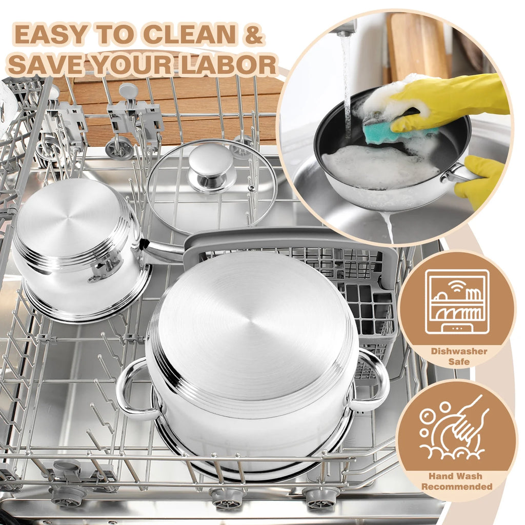 13-Piece Stainless Steel Cookware Set, Kitchen Pots and Pans Set with Glass Lid for Cooking, Induction & Dishwasher Safe, Silver