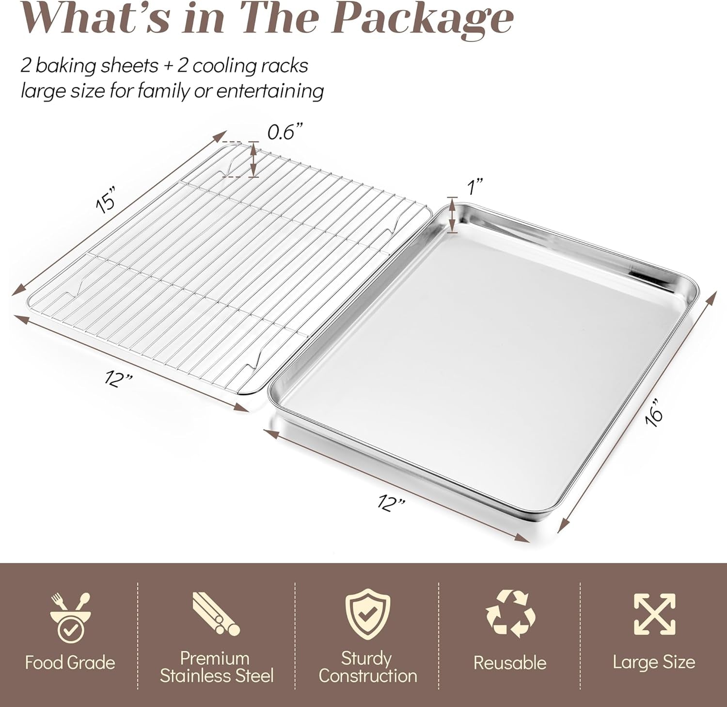 Baking Sheet with Rack Set (2 Pans + 2 Racks), Stainless Steel Baking Pan Cookie Sheet for Baking, Non Toxic & Healthy, Easy Clean & Dishwasher Safe - 4 Pack