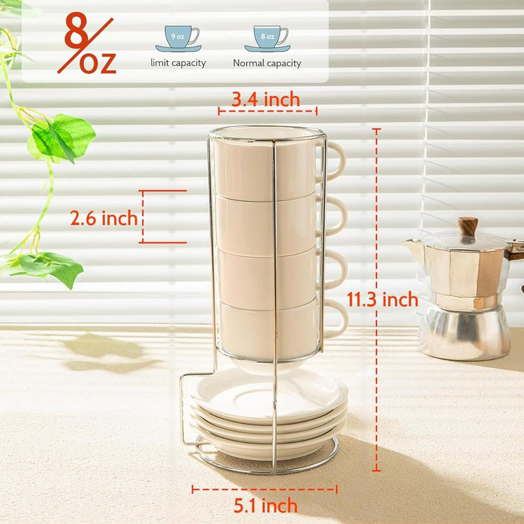 8 Ounce Porcelain Stackable Cappuccino Cups with Saucers and Metal Stand - for Specialty Coffee Drinks, Cappuccino, Latte, Americano and Tea - Set of 4, White