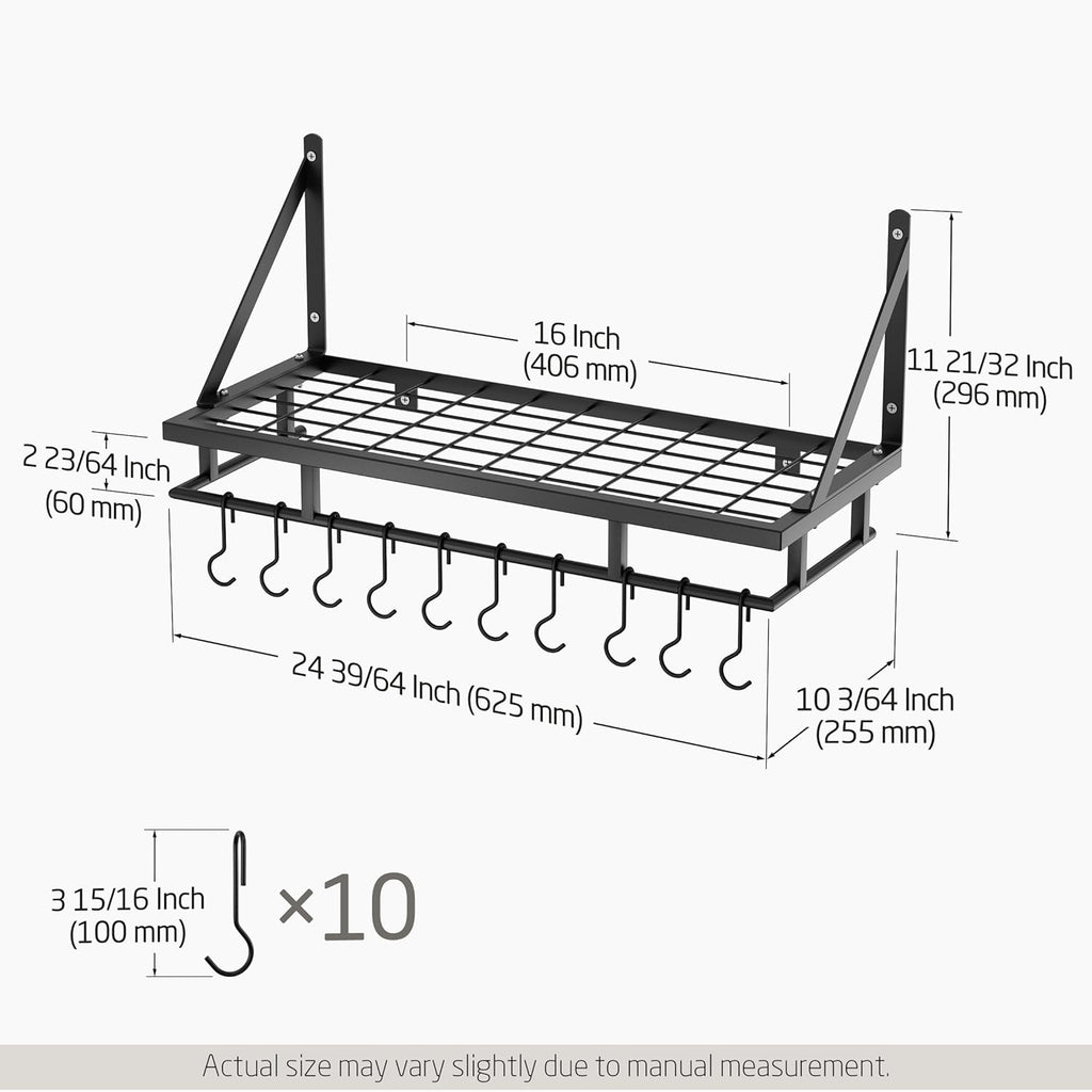 24 Inch Kitchen Pot Pan Rack Wall Mounted Hanging Storage Organizer Wall Shelf with Hooks Matte Black, KUR215S60-BK