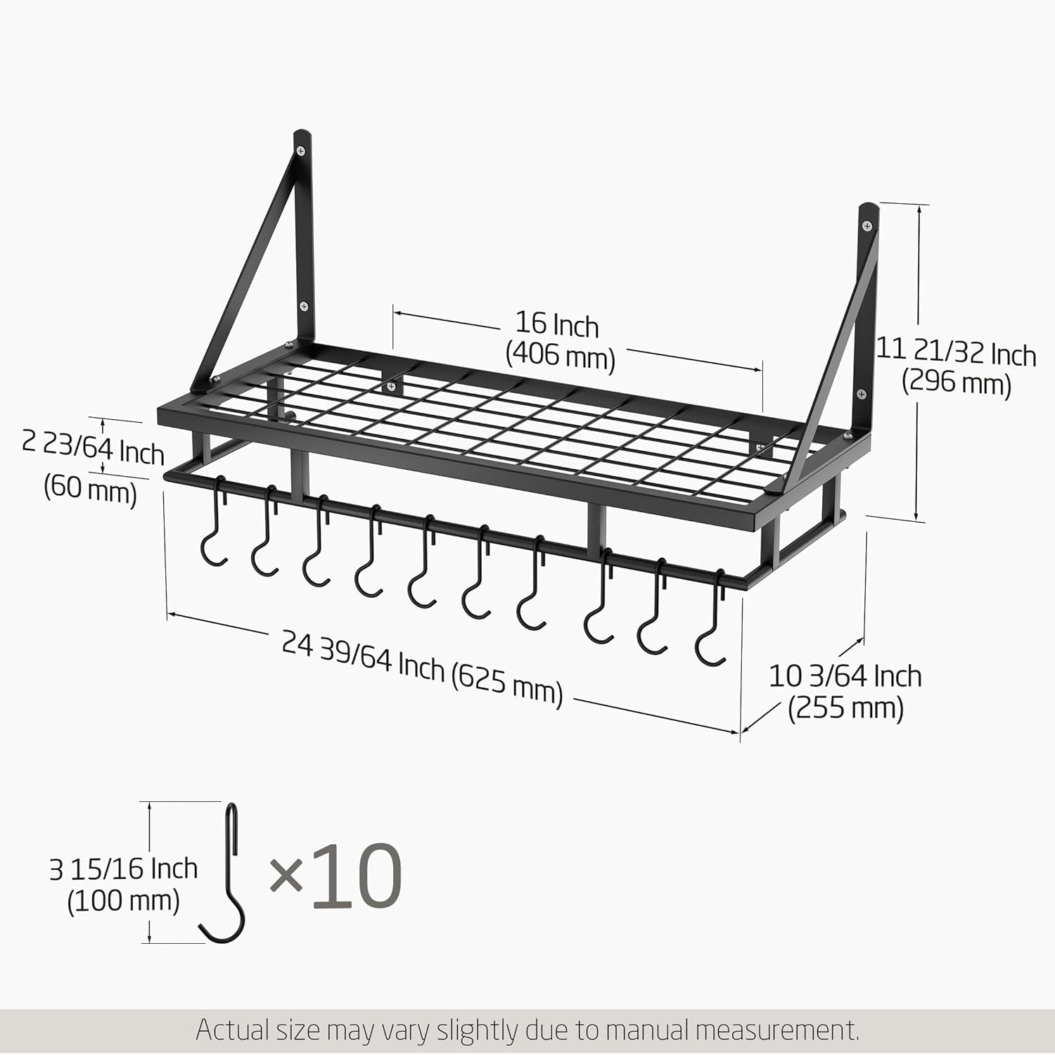 24 Inch Kitchen Pot Pan Rack Wall Mounted Hanging Storage Organizer Wall Shelf with Hooks Matte Black, KUR215S60-BK
