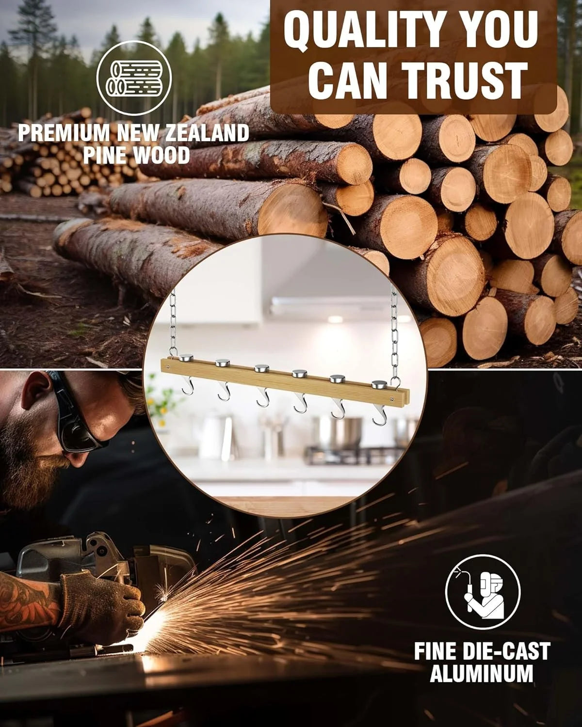 36 Inch Hanging Pot Rack, Ceiling-Mounted Wooden Rail System Pot Rack for Kitchen Pots and Pans Storage, with 6 Solid Cast Aluminum Swivel Hooks