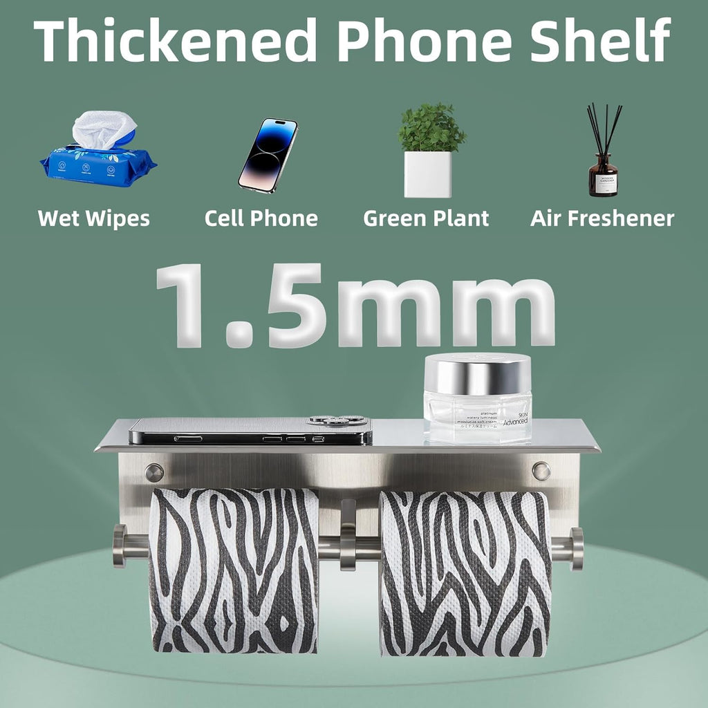 Double Toilet Paper Holder with Shelf Brushed Nickel,  SUS 304 Stainless Steel Contemporary Tissue Roll Holder Mobile Phone Storage Rack