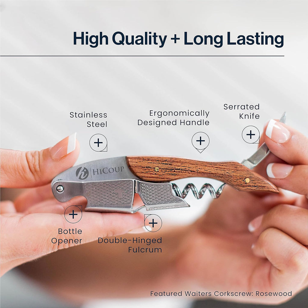 Hicoup Wine Opener - Professional Corkscrews for Wine Bottles W/Foil Cutter and Cap Remover - Manual Wine Key for Servers, Waiters, Bartenders and Home Use - Stainless Steel with Flamingo Resin Inlay