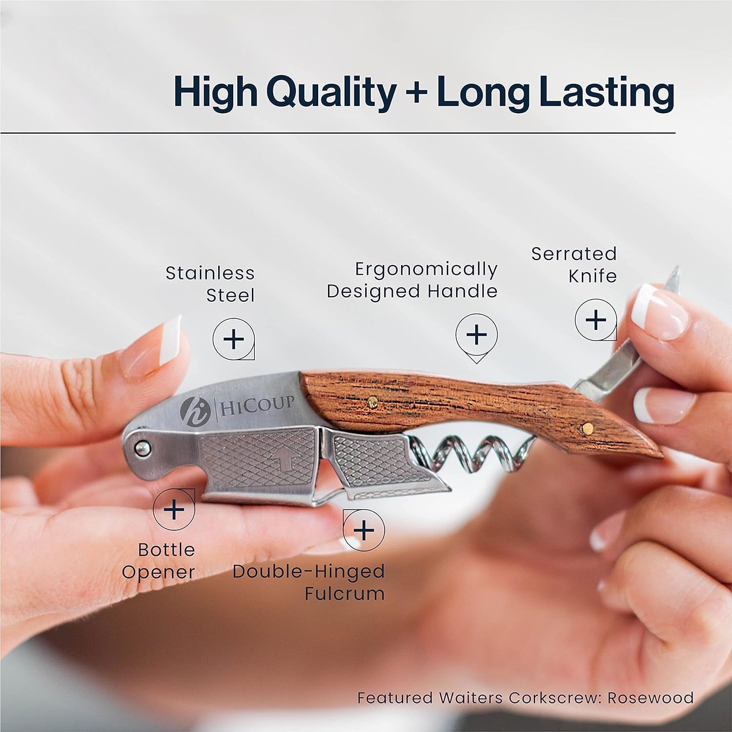 Hicoup Wine Opener - Professional Corkscrews for Wine Bottles W/Foil Cutter and Cap Remover - Manual Wine Key for Servers, Waiters, Bartenders and Home Use - Stainless Steel with Flamingo Resin Inlay