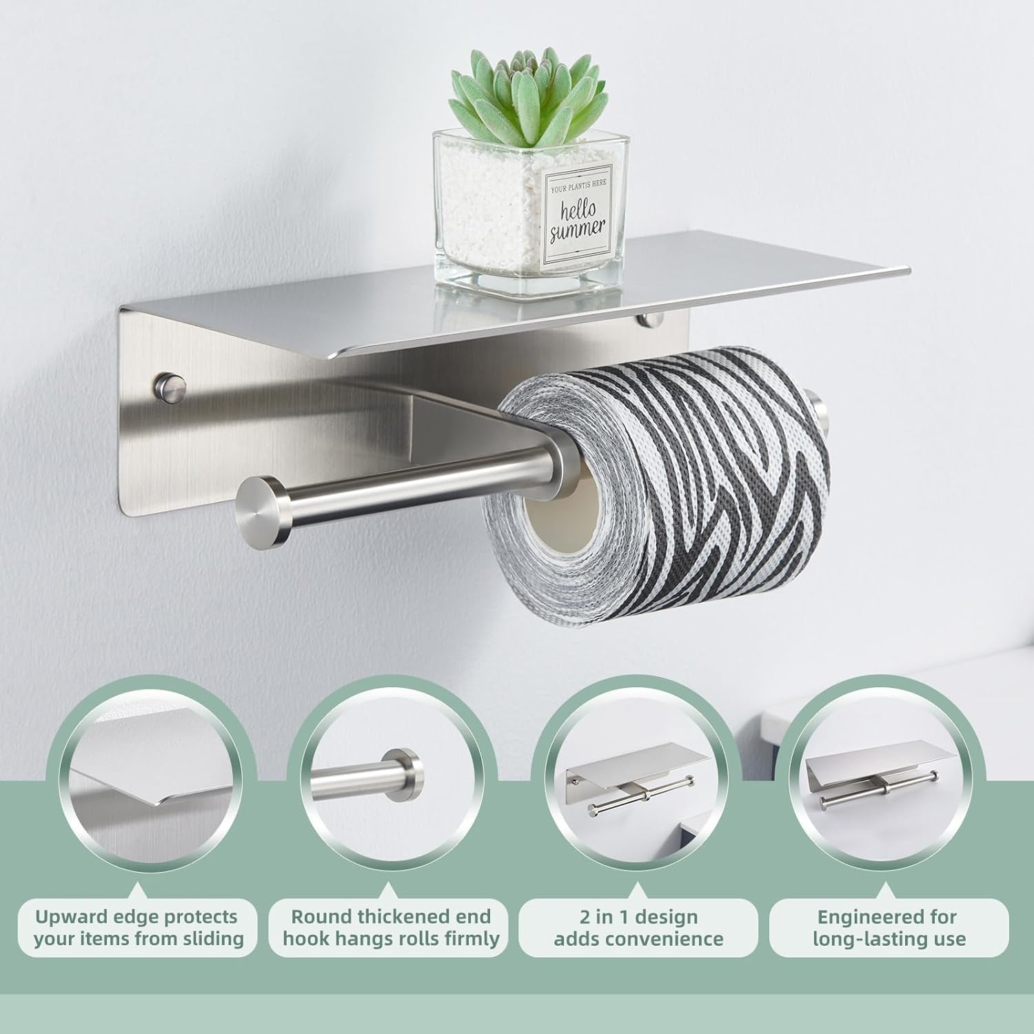 Double Toilet Paper Holder with Shelf Brushed Nickel,  SUS 304 Stainless Steel Contemporary Tissue Roll Holder Mobile Phone Storage Rack