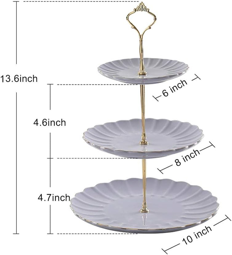 3 Tier Ceramic Cake Stand Wedding, Dessert Cupcake Stand for Tea Party Serving Platter (Purple)