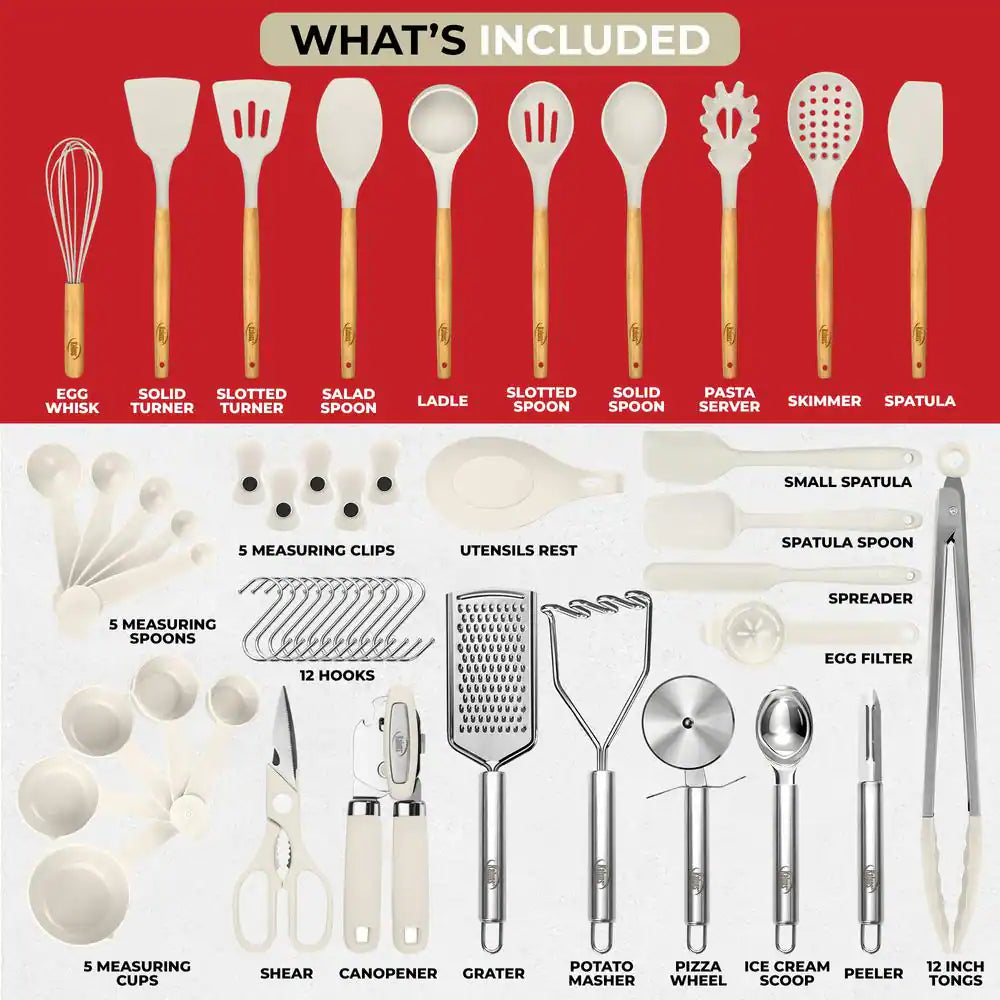 Khaki, 50-Piece Set of Silicone Kitchen Utensils, Complete Kitchen Set, Premium Silicone Cooking Utensils
