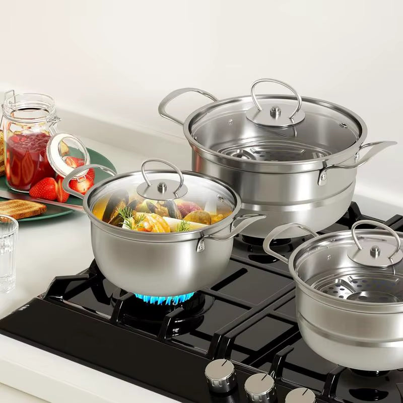 Sauce Pans with Lids Stock Pots Set Professional Cookware Kit for Stewing Steaming Vegetables Kitchen Home Restaurant