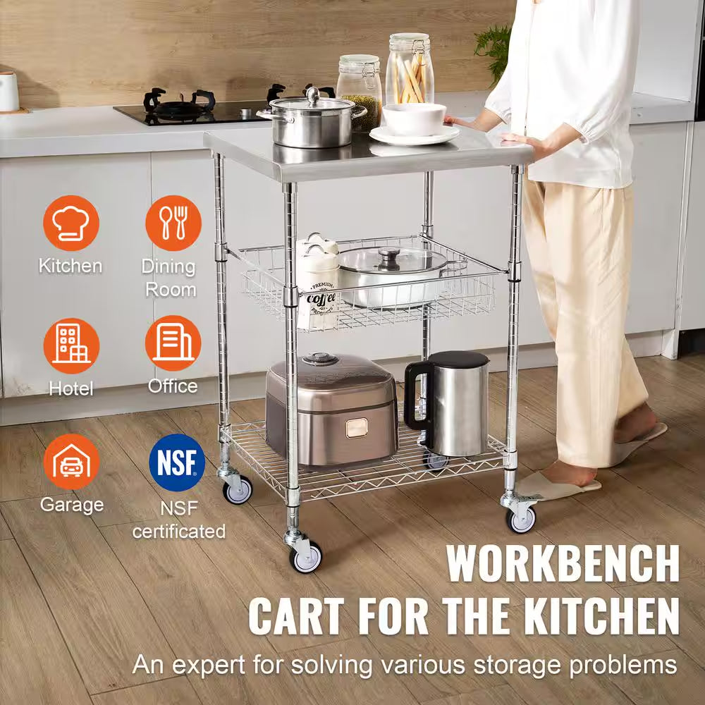3-Tier Kitchen Cart, 470Lbs. Capacity, Wheels, Curved Handle, PP Liner and 6 Hooks