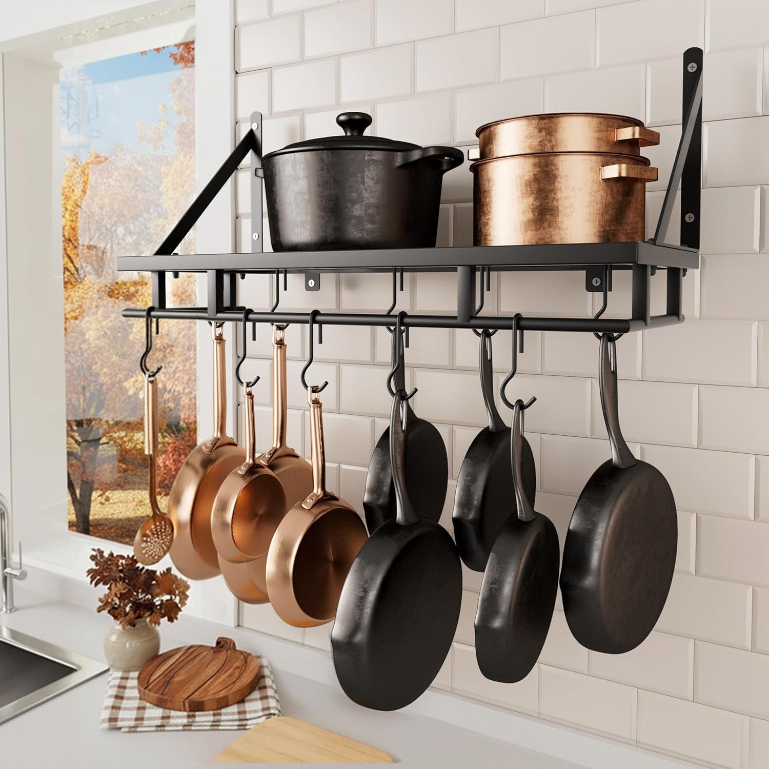 24 Inch Kitchen Pot Pan Rack Wall Mounted Hanging Storage Organizer Wall Shelf with Hooks Matte Black, KUR215S60-BK