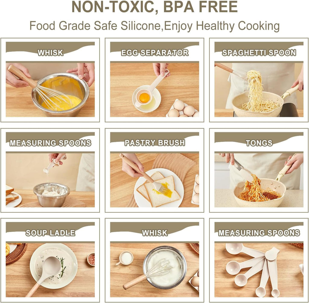 Kitchen Utensils Set - 34 PCS Non-Stick Silicone Cooking Utensils Set with Woode