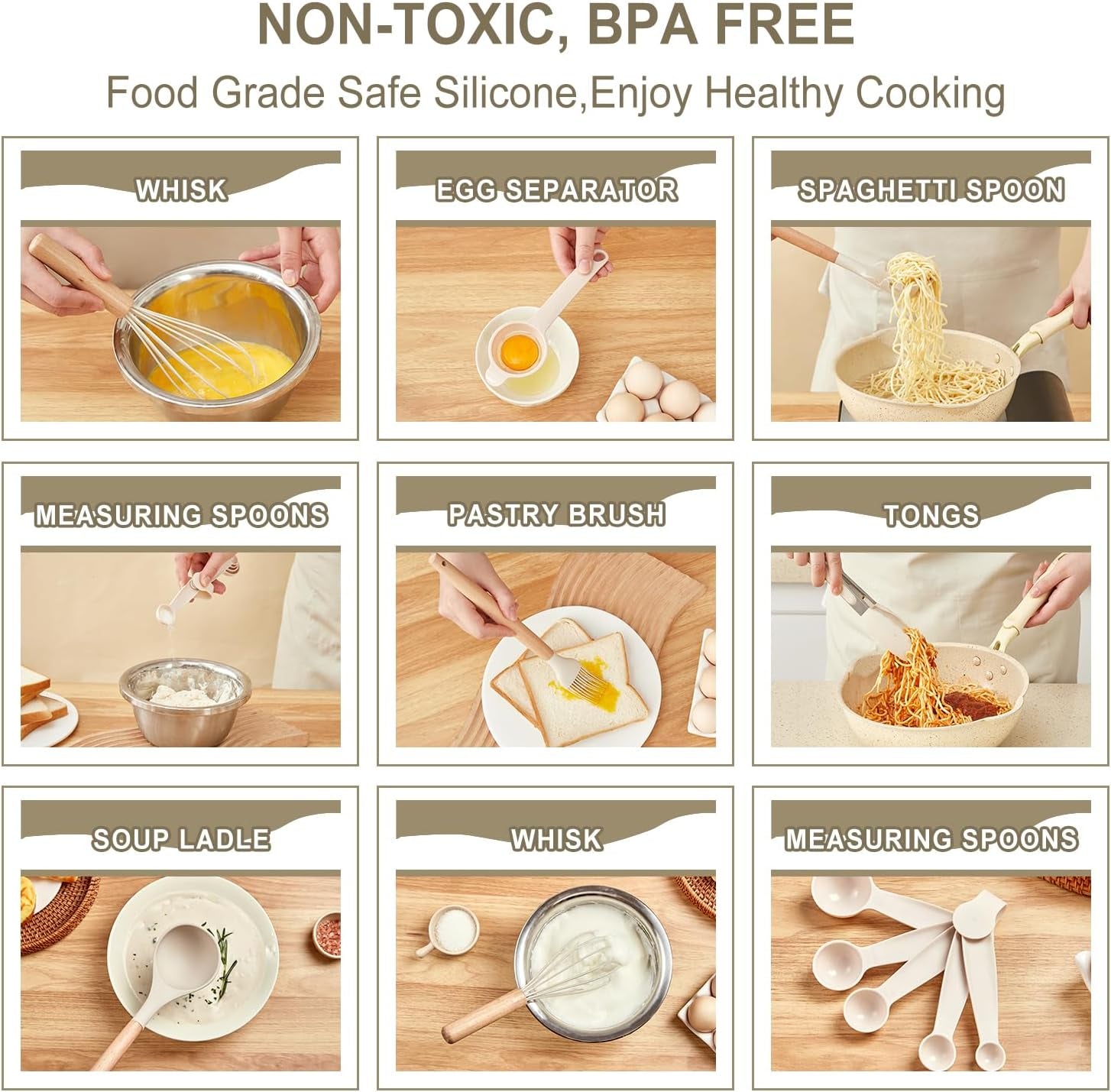 Kitchen Utensils Set - 34 PCS Non-Stick Silicone Cooking Utensils Set with Woode